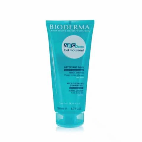 Bioderma ABCDerm 200ml mild cleansing foaming gel in white bottle with blue pump top.