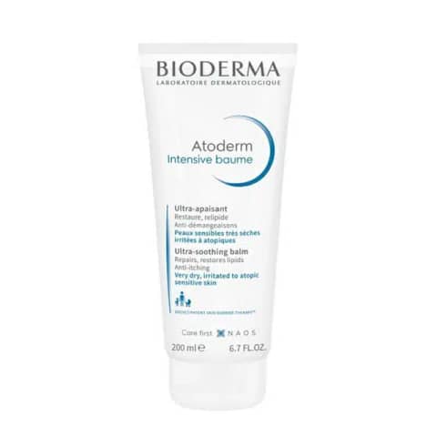 Bioderma Atoderm Intensive Baume 200ml, white tube with dark blue flip cap, ultra-soothing balm.