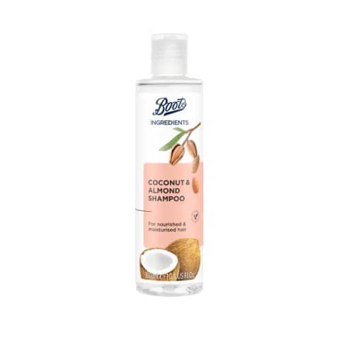 Boots Coconut & Almond Shampoo 300ml white bottle, green label with coconut and almond design.