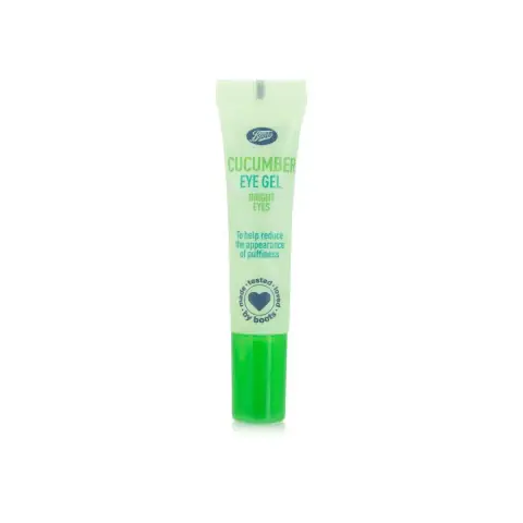 Upright Boots Essentials Cucumber Eye Gel, 15ml light green tube with white flip-top cap.
