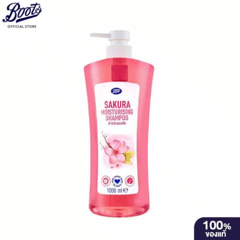 Boots Sakura Moisturising Shampoo 1000ml, pink bottle featuring cherry blossom design, standing upright.