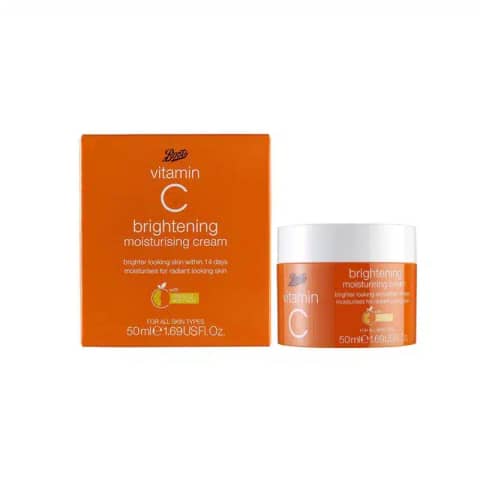 White Boots Vitamin C brightening moisturising cream, 50ml jar with prominent orange label and lid.
