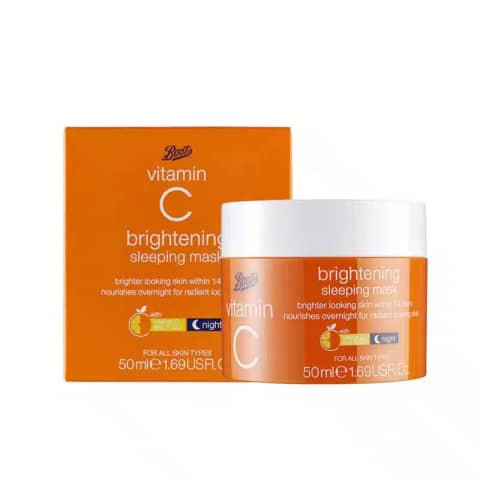 Boots Vitamin C Brightening Sleeping Mask 50ml tube, vibrant orange and white packaging, front-facing.