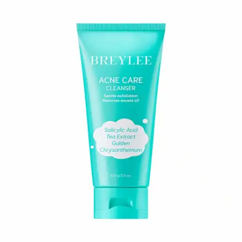 Breylee Acne Care Cleanser 100g tube prominently displayed, white and green packaging, clear branding for acne treatment.