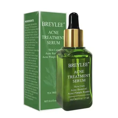 Breylee Acne Treatment Serum 17ML in a clear glass dropper bottle with amber liquid, front view.