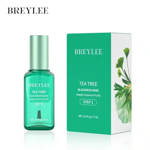 Breylee Tea Tree Blackhead Mask Step 1, clear bottle, green label, white pump dispenser.