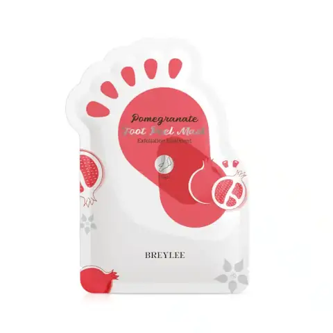 Breylee Pomegranate Foot Peel Mask 1 Pair retail box, vivid purple and white with fruit illustration.