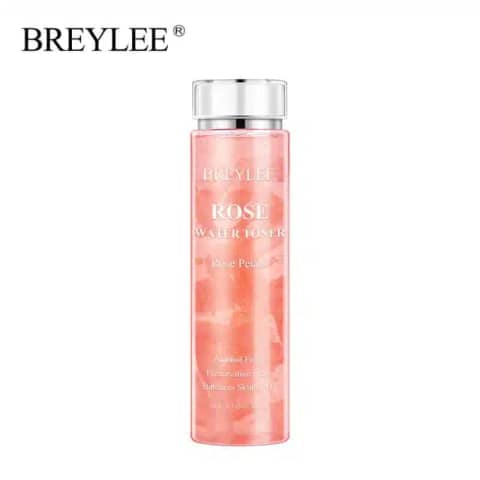 Breylee Rose Water Toner 200ml bottle, clear packaging revealing pink liquid, standing upright.