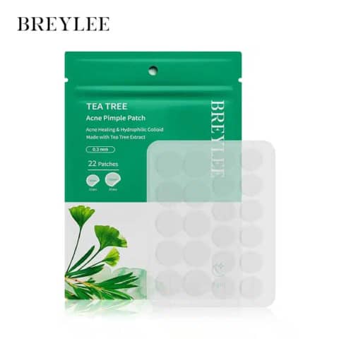 Breylee Tea Tree Acne Pimple Patch 22-count box, green and white packaging, full product view.