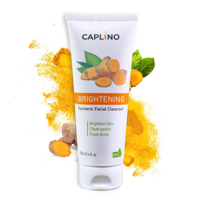 Caplino Brightening Turmeric Facial Cleanser 100ml tube standing upright, showing its yellow packaging and label.