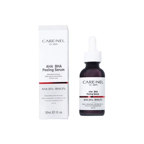 Carenel AHA BHA Peeling Serum 30ml in a clear glass bottle with a white dropper cap.