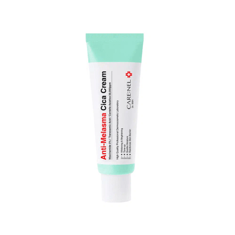 White jar of Carenel Anti-Melasma Cica Cream 40ml with a shiny silver lid.