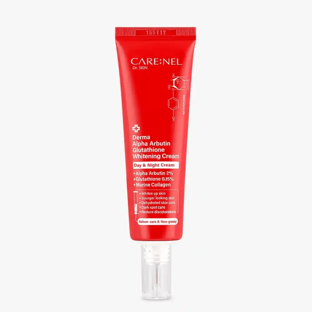 Carenel Derma Alpha Arbutin Glutathione Whitening Cream in a white jar with silver cap, front view.