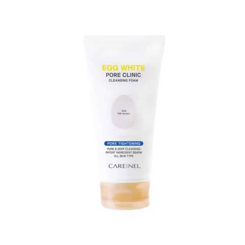 Carenel Egg White Pore Clinic Cleansing Foam 150ml tube, white packaging with orange cap.
