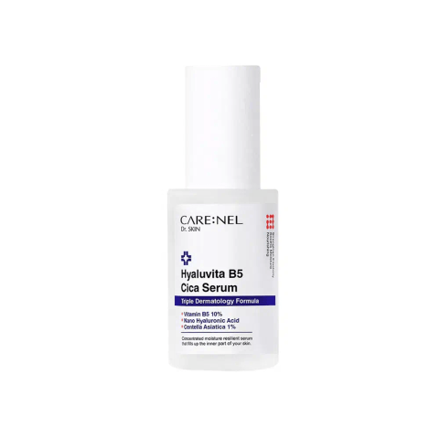 Full Carenel Hyaluvita B5 Cica Serum bottle with dropper, displaying its refreshing green packaging.