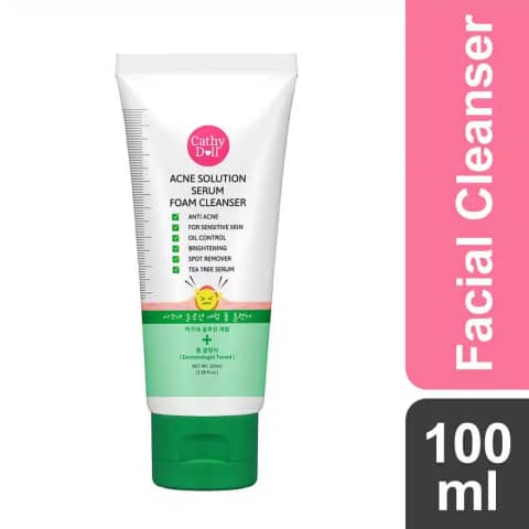 Cathy Doll Acne Solution Serum Foam Cleanser 100ml white tube with green and pink label, upright angle.
