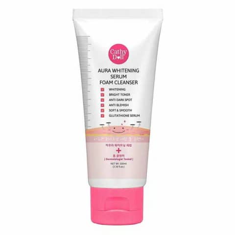 Cathy Doll Aura Whitening Serum Foam Cleanser 100ml in vibrant pink-purple gradient bottle.