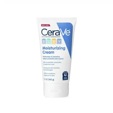 Cerave Baby Moisturizing Cream 142g in a white tube with blue flip cap, angled on white.
