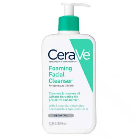 CeraVe Foaming Facial Cleanser 355ml pump bottle, white and blue label, upright front view.