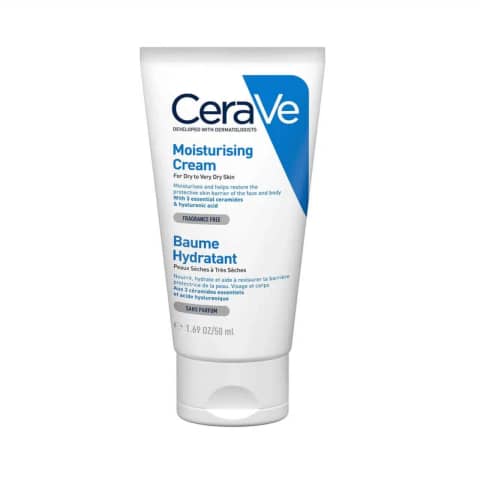 CeraVe Moisturising Cream 50ml white tube with blue cap, standing upright, front view.