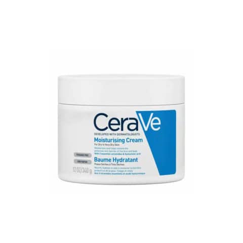 Front view of Cerave Moisturising Cream 340g white tub with a dark blue lid, for dry skin.