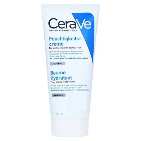 Frontal view of Cerave Moisturizing Cream, 177ml white tub with blue lid for dry skin.