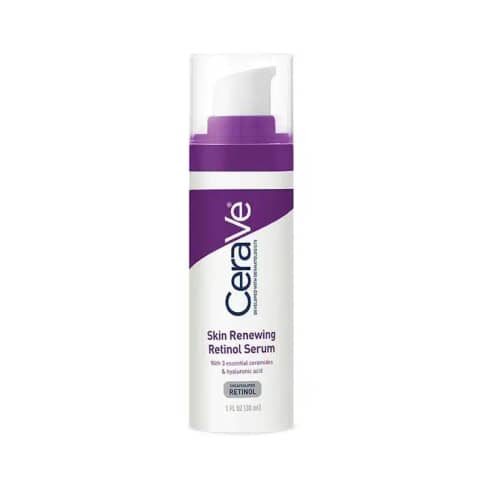 Front view of Cerave Skin Renewing Retinol Serum 30ml in its white pump bottle with light blue cap.