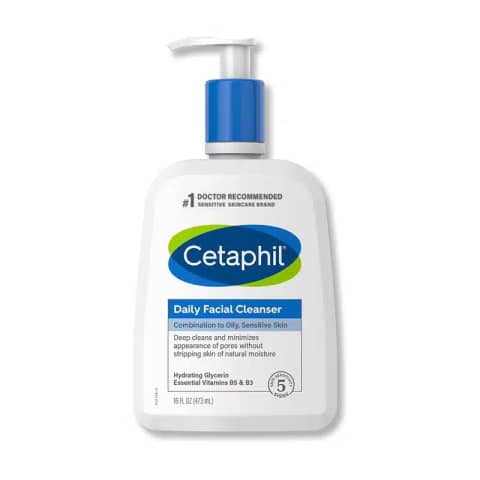 Cetaphil Daily Facial Cleanser 473ml pump bottle, white packaging for combination to oily sensitive skin.