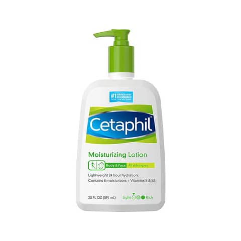 Cetaphil 591ml moisturizing lotion bottle for all skin types, white with blue pump.
