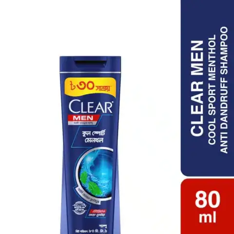 Clear Men Cool Sport Menthol Anti Dandruff 80ml shampoo bottle, dark blue with light cap, front view.