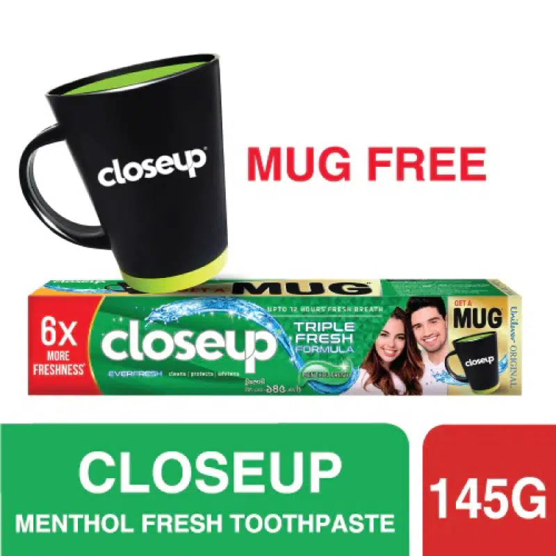 Full Closeup Menthol Fresh toothpaste tube, red and white packaging, standing upright, 145g.