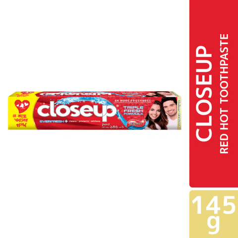 Closeup Red Hot toothpaste tube, 145g, vibrant red packaging with white stripe, standing upright.