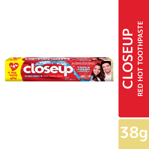 Closeup Red Hot toothpaste tube, 38g, standing upright, featuring its iconic red and white packaging.