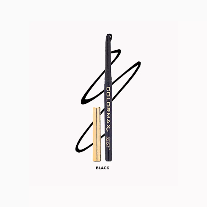 Sleek Colormax Cat Eye Black Kajal, elegantly designed with a metallic gold cap and base.