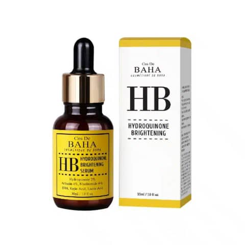 Upright clear glass Cos De Baha HB Hydroquinone Brightening Serum 30ml bottle with white dropper.