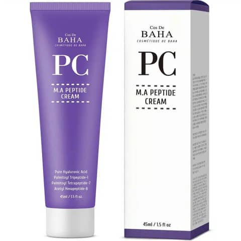 Cos De Baha PG M.A Peptide Cream 45ml in white jar with green label, front view.