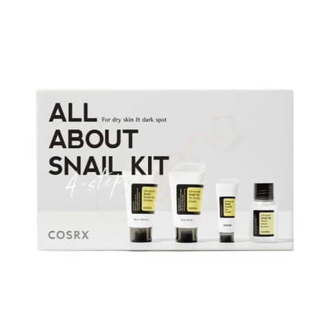 Cosrx All About Snail 4-step kit, displaying all four white and silver skincare products.
