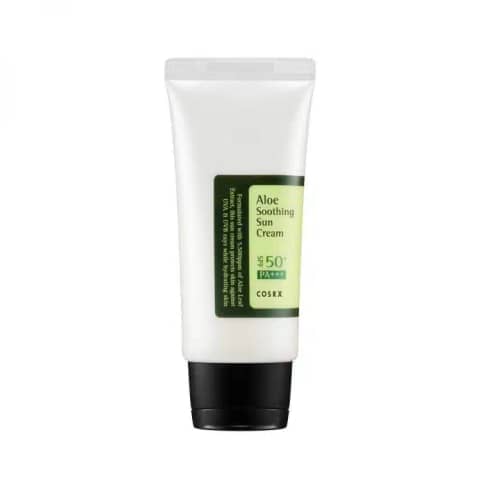 Cosrx Aloe Soothing Sun Cream SPF50+ PA+++ in its white tube with green flip cap, standing upright.