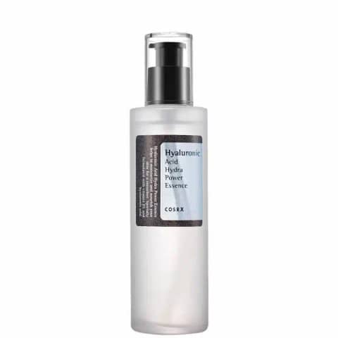 Cosrx Hyaluronic Acid Hydra Power Essence 100ml clear bottle with white pump standing upright.
