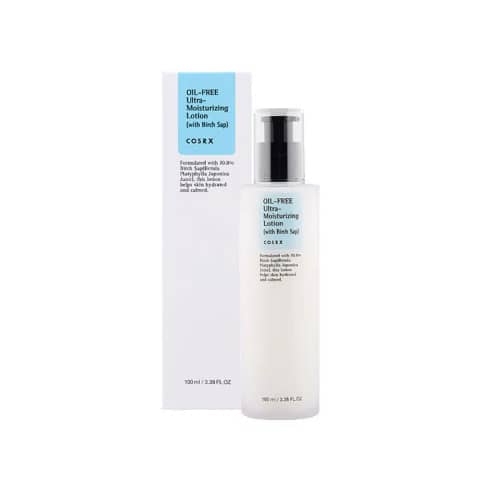 Cosrx Oil Free Ultra Moisturizing Lotion 100ml white pump bottle with green leaf logo, front view.