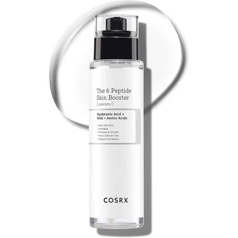 Upright Cosrx The 6 Peptide Skin Booster Serum in its white bottle with pump dispenser.