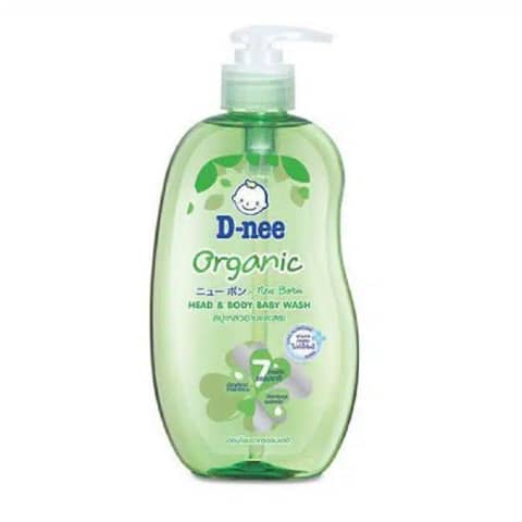 D Nee New Born Organic Shower Gel 380ml in a translucent blue bottle, white pump.