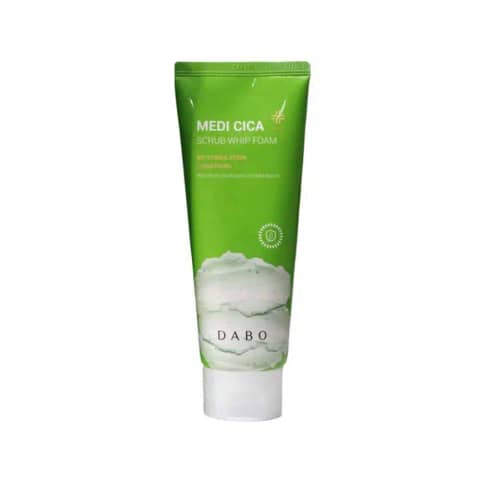 Front view of Dabo Medi Cica Scrub Whip Foam 150ml, white and green tube, prominent branding.