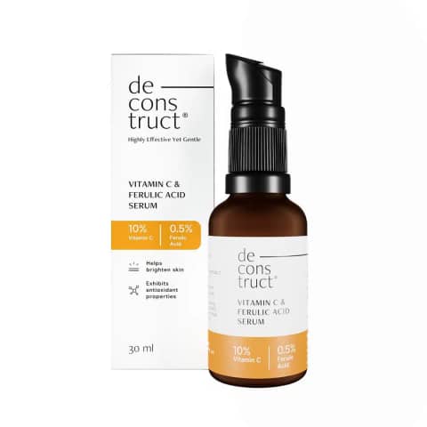 Deconstruct Vitamin C Ferulic Acid serum 30ml in a clear glass dropper bottle, front view.