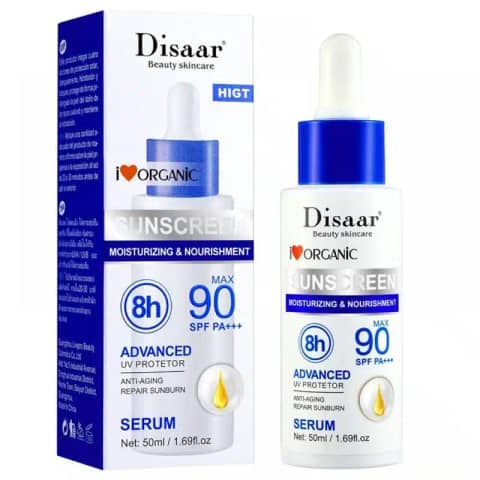 Disaar Sunscreen Serum MAX 90 SPF PA+++ 50ml golden bottle with white pump cap, front view.