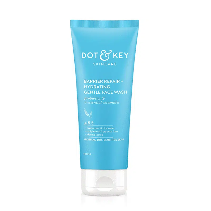 Dot & Key Barrier Repair Gentle Hydrating Face Wash 100ml in its upright white pump bottle.