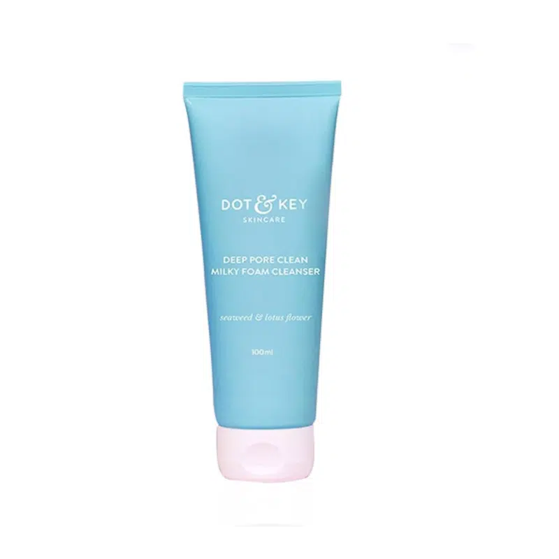 Dot & Key Deep Pore Clean Milky Foam Cleanser 100ml in light blue and white tube packaging.
