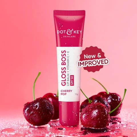 Dot & Key Cherry Pop SPF 30 lip balm, vitamin C+E, upright with cap on.
