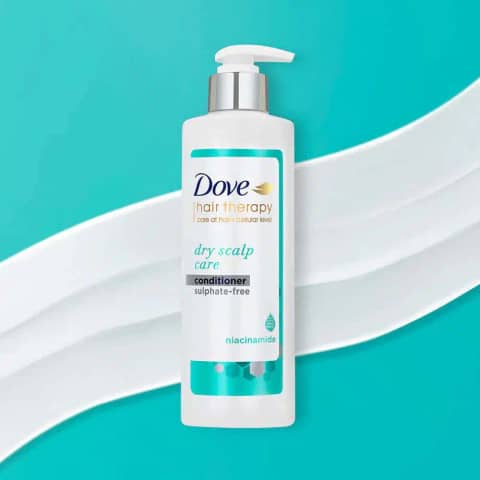 Upright Dove Hair Therapy Dry Scalp Care Conditioner, white bottle, light blue cap, clearly visible label.