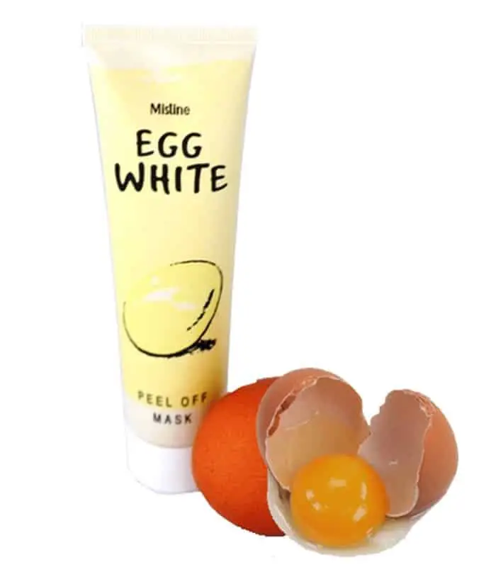 Mistine Egg White Peel Off Face Mask tube, sleek white and gold design, for brighter skin.